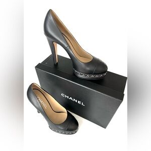 CHANEL Black Leather Heels with Chain Detail